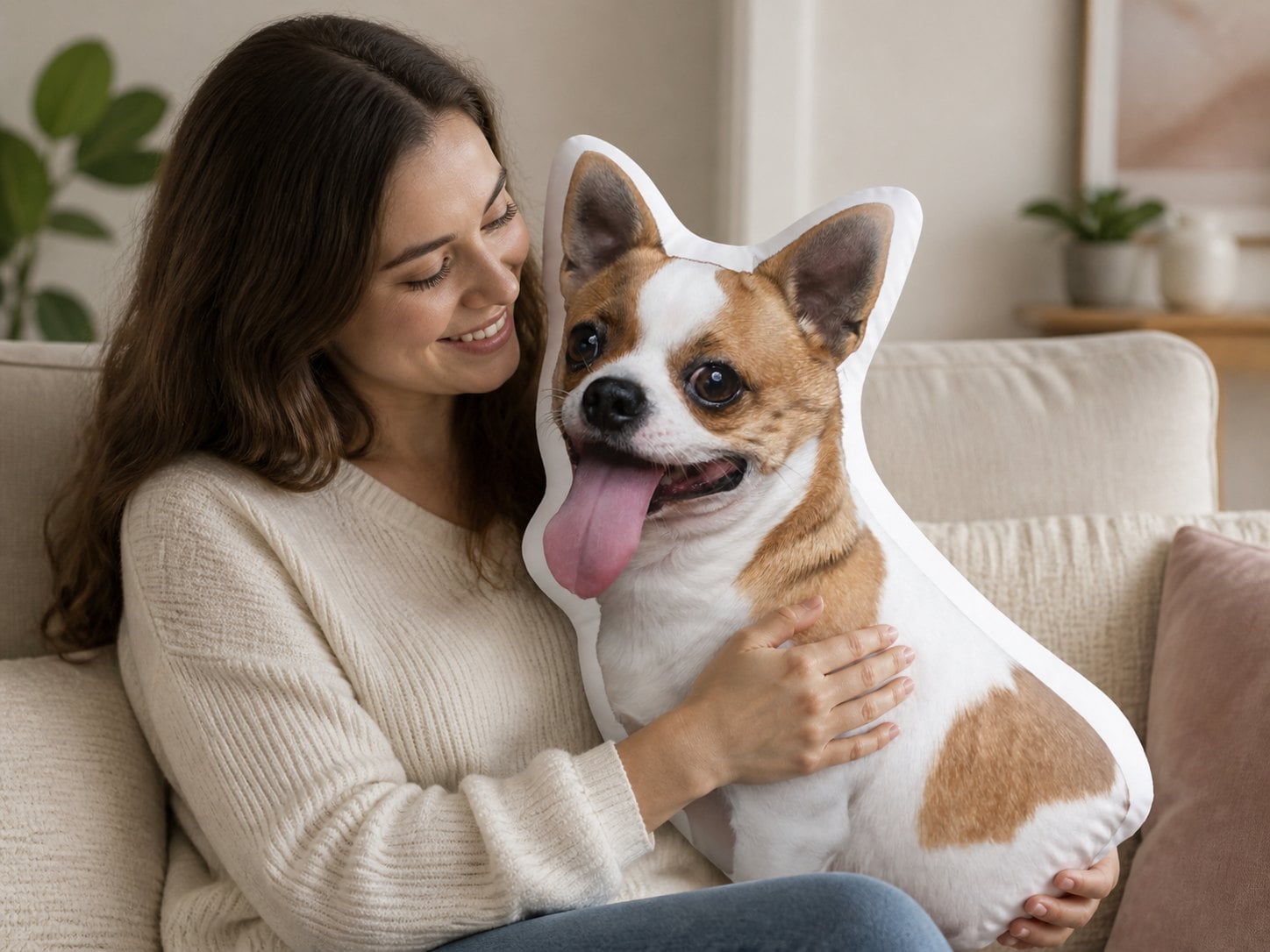 Woman hugging a custom pillow printed from a real Chihuahua photograph